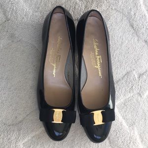 Salvatore Ferragamo black patent leather bow heels